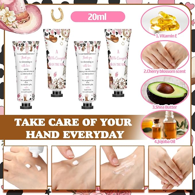 50 Sets A Little Cowgirl Is On The Way 200 Pcs Baby Shower Hand Lotion and Lip Balm Gift Theme Baby Shower Party Favors Travel Size Hand Lotion and Lip Balm Bulk with Organza Bags Tags