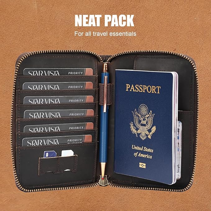 STAR VISTA Gino Full Grain Leather Passport Wallet, Zippered Travel Document Organizer for Exquisite Voyagers, RFID Blocking, AirTag Track, Dark Brown