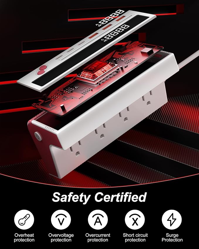 10-in-1 USB Charging Station, 4 Outlets Power Strip with 6 USB, 5 FT Long Extension Cord, 45° Flat Plug, 20W Fast Mulit Charging Station for Home Office Travel Plug Extension Outlet (Red)