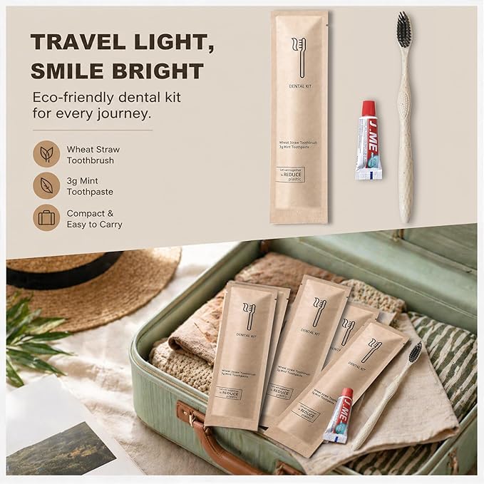 50 Sets Disposable Toothbrushes with Toothpaste (3g) Kit, Individually Wrapped Soft Bristle Travel Toothbrush,Wheat Straw Handle,Bulk for Hotel,Homeless,Nursing Home,Charity,Camping.