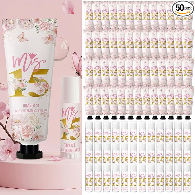 Leelosp 100 Pcs/50 Sets Quinceanera Party Favor Gifts for Guests 15th Thank You Gifts Girl Pink Hand Cream and Lip Balm Sweet 15th Birthday Party Favors for Guests