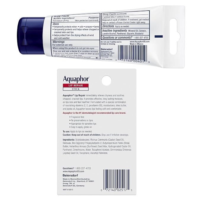 Aquaphor Skin Care Set, Healing Ointment & Lip Repair Sticks, Multi-Purpose Moisturizer for Dry Skin & Chapped Lips, 3x1.75 Oz Tube + 4x0.17 Oz Stick
