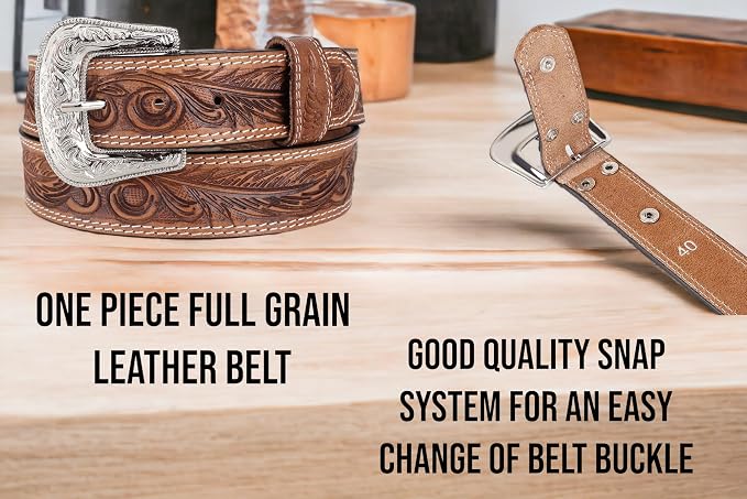 F&L CLASSIC mens Western full grain Leather belt Strap w/Snaps for Interchangeable Buckles, USA,