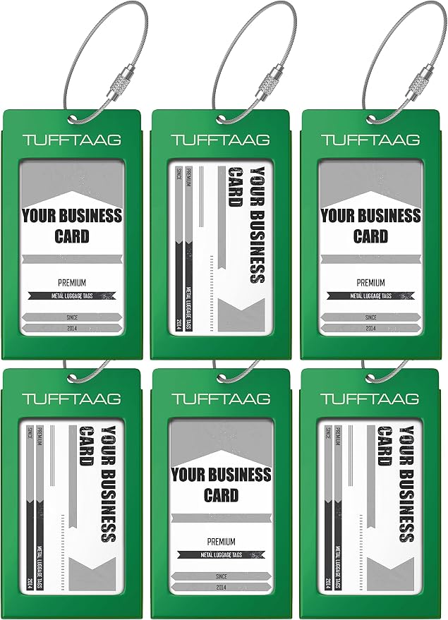 Luggage Tags Business Card Holder by TUFFTAAG - Durable Travel ID Bag Tag, Green, 6 Tags