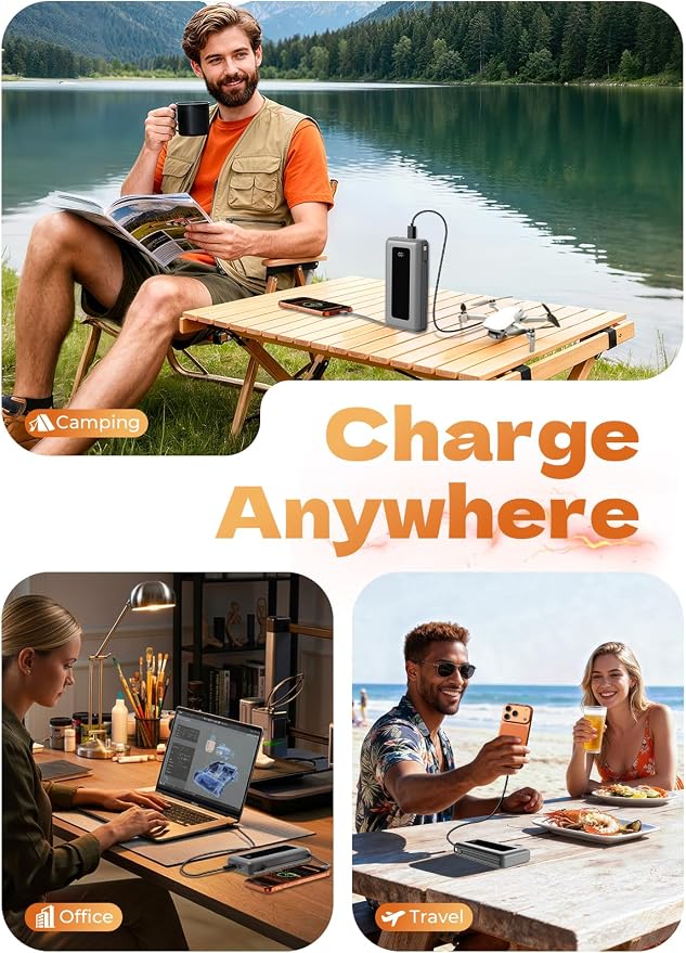 Power Bank, 50000mAh Travel Camping Essential Portable Charger with Built-in USB-C & iOS Cable, 22.5W PD Fast Charging Battery Pack, for iPhone 17/16/15, MacBook, Android – Light Grey