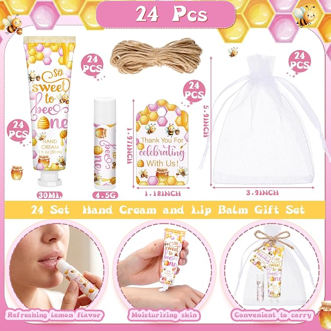 24 Sets/96 Pcs Pink Honey Hand Cream and Lip Balm Gift Baby Shower Favors for Guest Thank You for Bee Travel Size Hand Lotion and Lip Balm Bulk Baby Shower Birthday Party Supplies