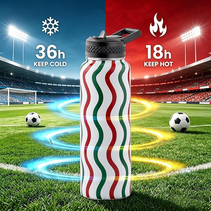 RAYMYLO 2026 Soccer Biggest Event Edition Insulated Water Bottle 40 oz, Nation Flag Design, Best Souvenir & Gift for World Soccer Lover, Vacuum Stainless Steel (Cold for 36Hrs), Leak Proof & Non-BPA