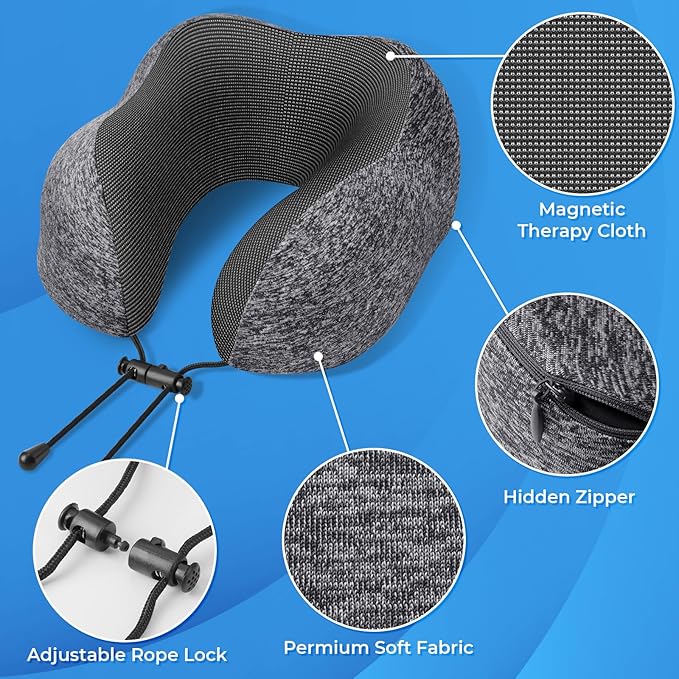 ExploreBliss Travel Pillow, Travel Pillows for Sleeping Airplane, Removable Cover Neck Pillow with Adjustable Clasp, Memory Foam Neck Pillow Set with Eye Mask, Earplugs and Storage Bag (Dark Grey)