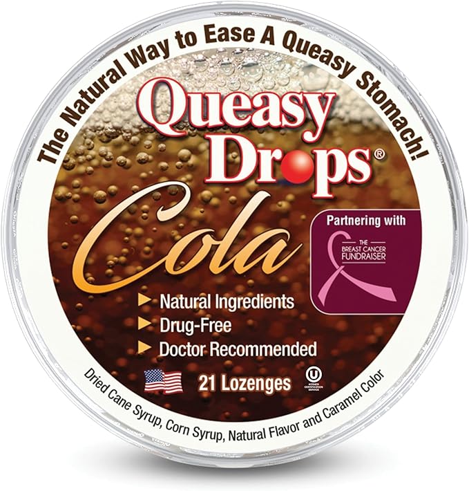 Three Lollies Queasy Drops - Cola Flavor - Relief from Nausea & Travel Sickness, Soothes a Dry Mouth & Settles Stomach - Natural Ingredients - 21 ct