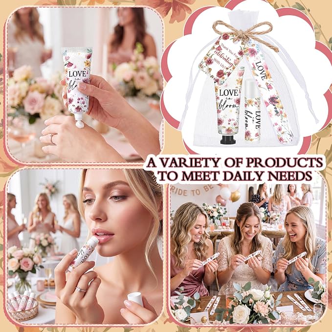 Leelosp 24 Sets Love Is in Blooming Hand Cream and Lip Balm Gift Bulk Pink Floral Wildflower Bridal Shower Favor for Guests Travel Size Hand Lotion Lip Balm Nail File Gifts Set Wedding Party Supplies