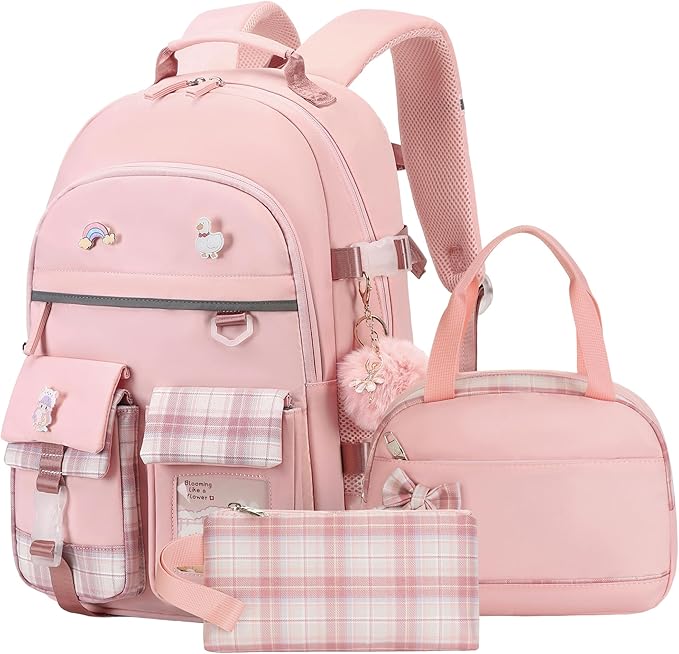 Backpack for Girls 15.6 Inch Laptop School Bag Kids Elementary College 3pcs Backpacks Lunch box Pencil Case Set Bookbags for Girls Teen Women Student Pink