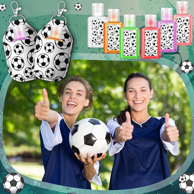 Frienda 48 Pack Soccer Party Favors Set 24 Pcs Mini Hand Sanitizers and 24 Pcs Keychain Holders Travel Size Sanitizers for Sports Soccer Party Supplies for Team Players Coaches Fans Gifts