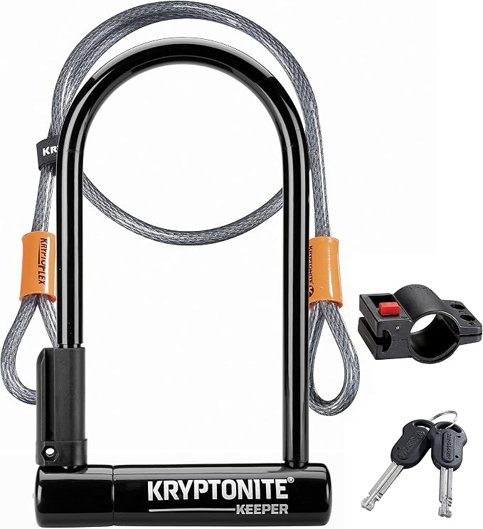 Kryptonite Keeper Bike U-Lock Standard with Braided Steel Cable, Heavy Duty Anti-Theft Bicycle U Lock, 12mm Shackle and 10mm x4ft Length Security Cable with Mounting Bracket and Keys | bike-locks