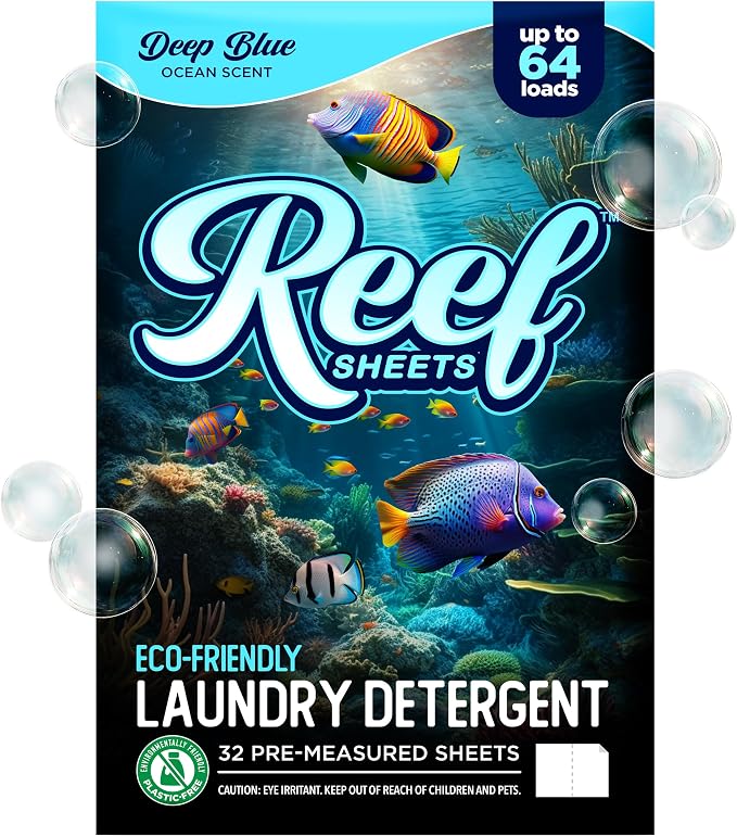 Reef Sheets Laundry Detergent Sheets, Deep Blue Ocean Scent, 32ct | 64 Loads, Hypoallergenic, Plastic-Free Eco-Friendly Packaging, Gentle on Skin, Tough on Stains, Travel-Friendly
