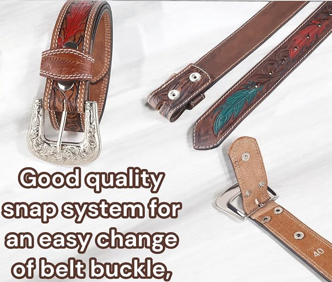 F&L CLASSIC mens Western full grain Leather belt Strap w/Snaps for Interchangeable Buckles, USA,