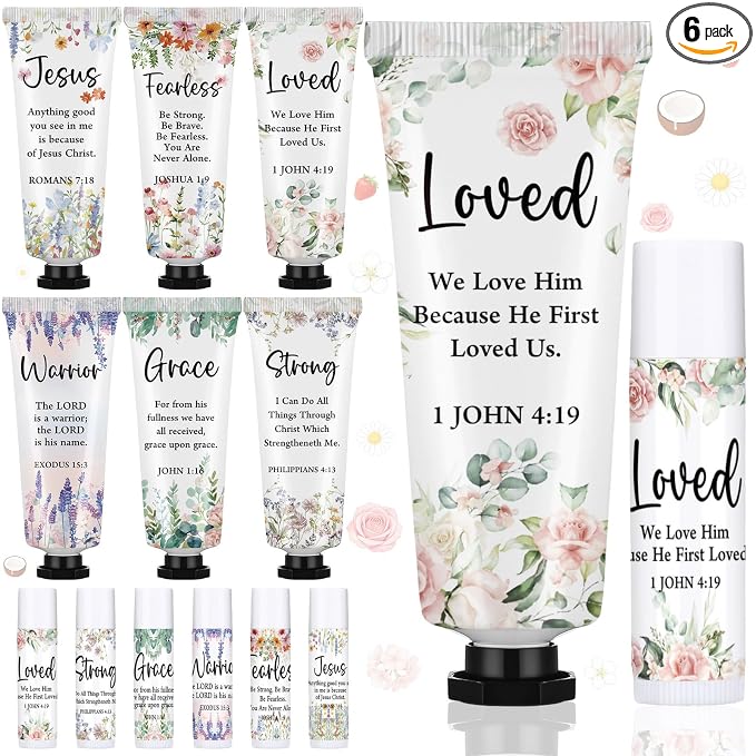 Loopeer 6 Sets Bulk Christian Hand Cream and Lip Balm Set for Women Religious Travel Size Moisturizing Lip Care Mini Religious Gifts for Women Coworker Appreciation Gift