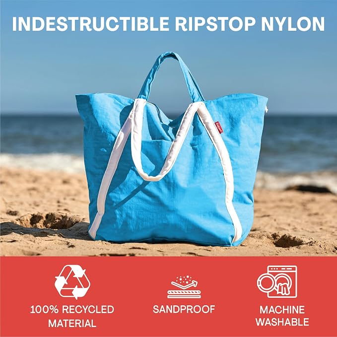 Bodysurf Beach Bags Waterproof Sandproof - Packable Foldable Nylon Zipper Tote Bag for Travel Lightweight, Pool, Boat, Cruise