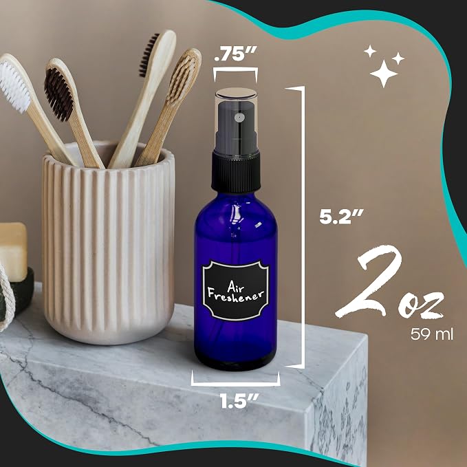 Nevlers Cobalt Blue Small Spray Bottle 2 Oz 24 Pack Travel Spritzer Bottles | Fine Mist Sprayer Set w/ Shrink Wrap, Funnel, Brush, Marker & Labels | Fine Mister Spray Bottle for Perfume , Oil & More
