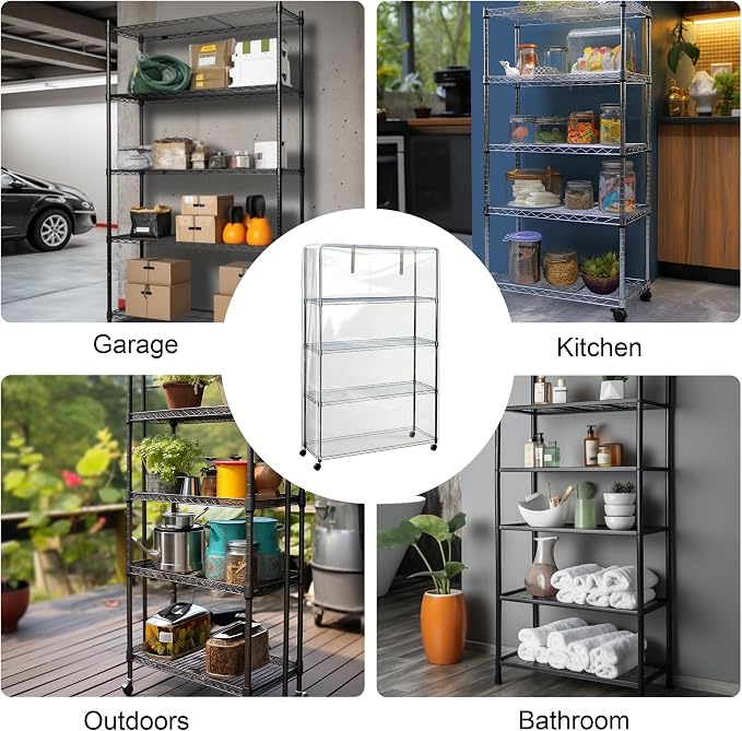 Clear PVC Wire Shelf Cover with Zipper Waterproof Dustproof 36x14x54 | Zipper closure PVC cover shields shelves from dust, moisture, UV and insects while keeping storage organized and visible