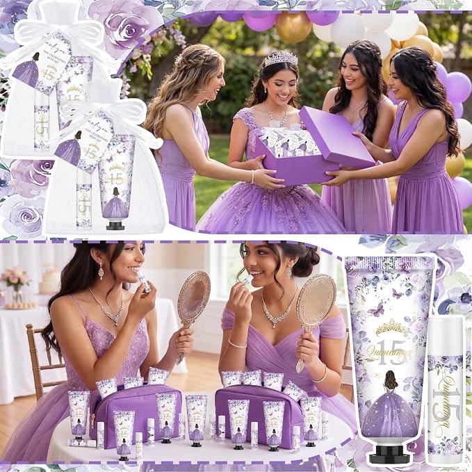 Leelosp 25 Set/100 Pcs Quinceanera Party Favor for Guest with Travel Size Hand Cream, Lip Balm, Card, Organza Bags Quinceanera Gift Set Sweet 15th Party Supply Birthday Souvenir(Purple)