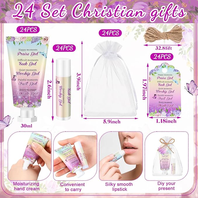 24 Sets Christian Graduation Gifts Hand Cream and Lip Balm Bulk Teacher Appreciation Gifts Bible Verse Thank You Cards with Organza Bag for Graduation Supplies(Flower)
