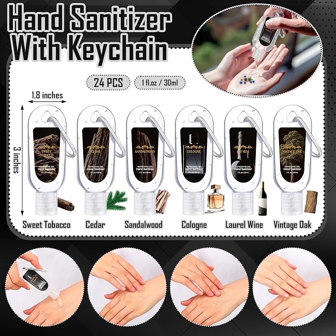 24 Pack Scented Hand Sanitizers Keychain Gift for Man Father Day Gifts Mini Travel Size Hand Sanitizer Gel Bulk 1oz Man Appreciation Thank You Gifts for Male Teacher Nurse Husbands Employee
