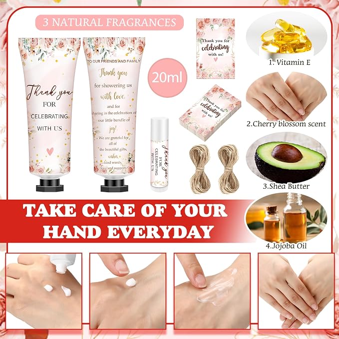 50 Sets 200 Pcs Pink Floral Baby Shower Gifts Bulk Hand Lotion and Lip Balm Wedding Party Favors Floral Theme Bride Shower Travel Size Hand Lotion and Lip Balm with Organza Bags Tags