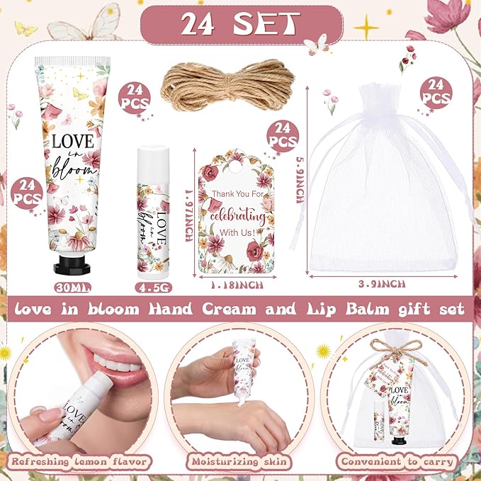 24 Sets Love Is in Blooming Hand Cream and Lip Balm Gift Pink Floral Wildflower Bridal Shower Favors for Guest Travel Size Hand Lotion and Lip Balm Bulk Bridal Shower Birthday Party Supplies