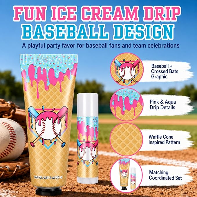 30 Sets Baseball Drip Party Favors Ice Cream Drip Baseball Hand Cream and Lip Balm Bulk with Organza Bag Thank You Tag for Teen Adults Sport Party Favor Team Birthday Gifts