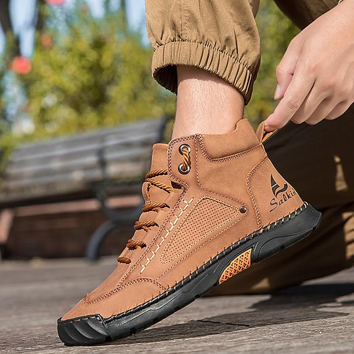 Mens Orthopedic Comfortable Handmade Boots Casual Mid Top Walking Driving Shoes Waterproof Arch Support Spacious Toe Box Outdoor Leather Shoes
