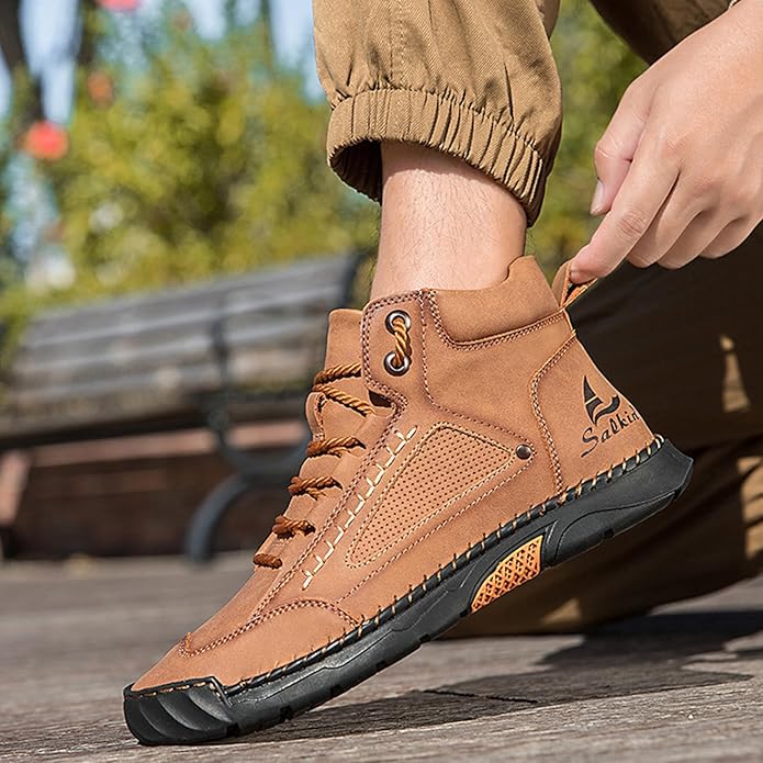 Mens Orthopedic Comfortable Handmade Boots Casual Mid Top Walking Driving Shoes Waterproof Arch Support Spacious Toe Box Outdoor Leather Shoes