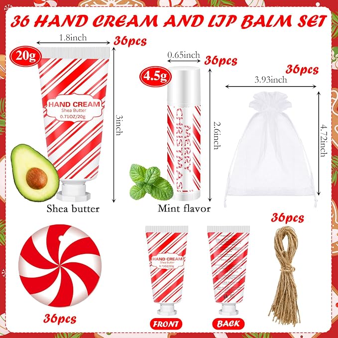 144 Pcs Lip Balm Hand Cream Set Party Favors, Include 36 Lip Balm 36 Moisturizing Hand Cream 36 Bags 36 Cards and Ropes for Accessories Gifts(Red,Christmas)
