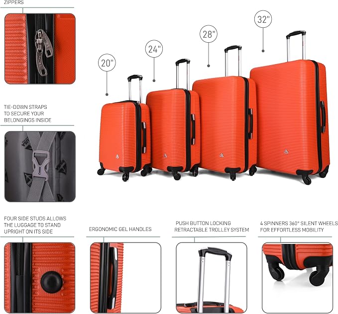 InUSA ROYAL Hardside Luggage Set with Spinner Wheel | Spacious Travel Suitcases with Ergonomic GEL Handle and Studs | (20/24/28/32) 4 Piece Luggage Set | Orange