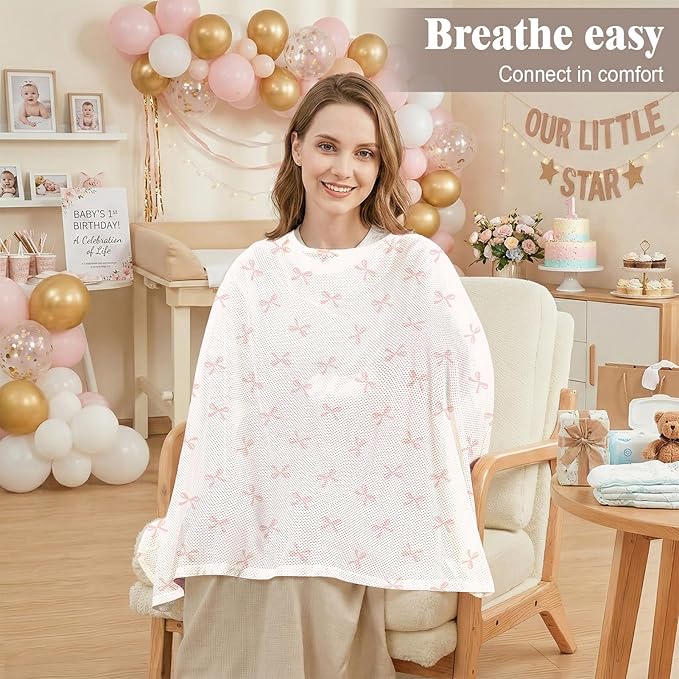 Basumee Nursing Cover for Breastfeeding Breathable Mesh 360 Full Privacy Nursing Wrap Multi-Use Breast Feeding Covers for Women Moms Feeding Essentials, Dusty Pink Bows, 1 Pack