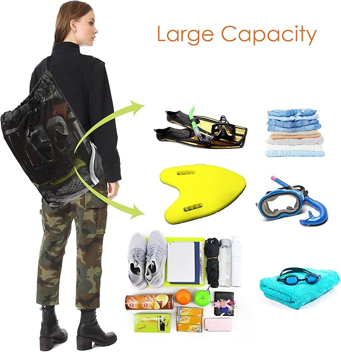 BeeGreen Mesh Drawstring Bag Swim Backpack for Beach Pool Sports Gym Draw String Cinch Bags for Swimming Soccer Basketball Gear Black