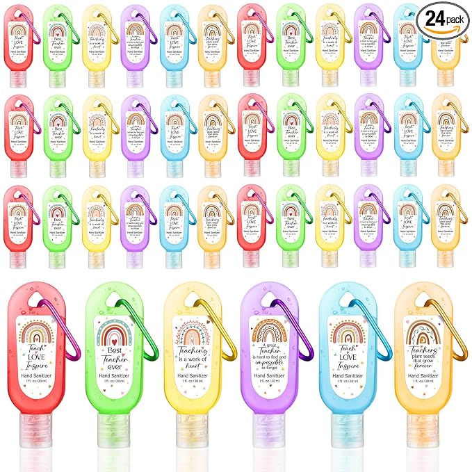 24 Packs Appreciation Teachers Gift Hand Sanitizers with Keychains Back to School Boho Rainbow Mini 1oz Travel Size Hand Sanitizer Gel Bulk Thank You Gift for Teacher Women First Day of School