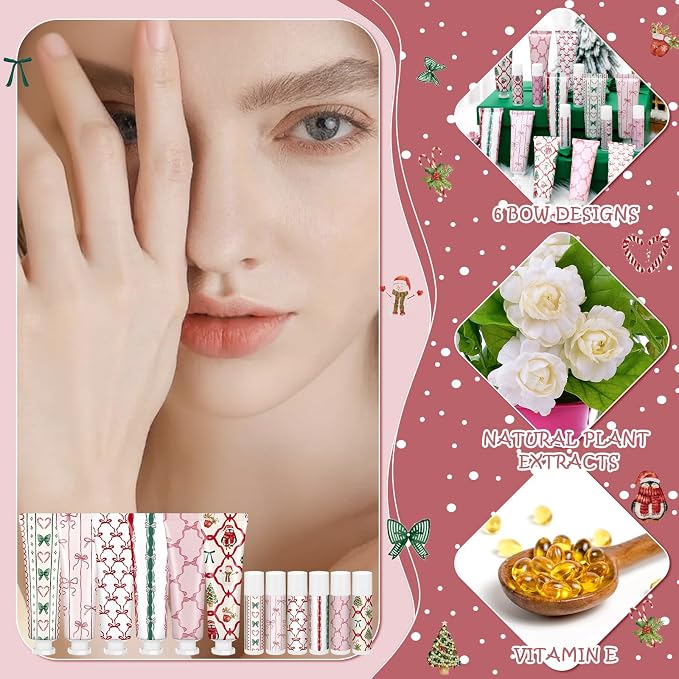 24 Pcs 12 Sets Valentine's Day Hand Cream and Lip Balm Bulk Gift Set, 6 Scents Coquette Bow Valentine's Day Travel Size Hand Lotion Lip Care Gift for Women Staff Coworkers