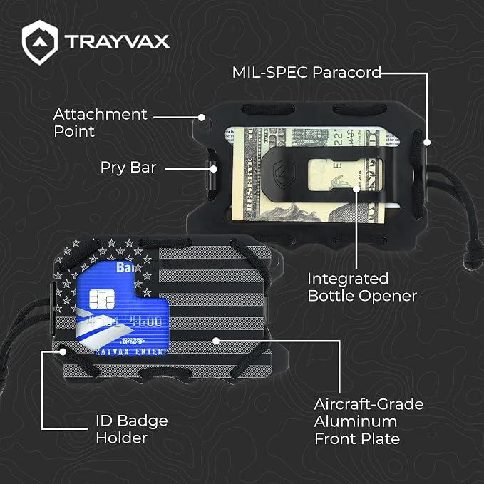 Trayvax Original 2.0 Wallet, RFID Front Pocket Tactical Metal Credit Card Holder with Money Clip, Slim Minimalist Wallet for Men and Women, Black Patriot