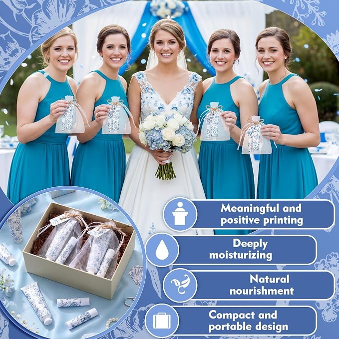 Loopeer 48 Sets Blue Floral Bridal Shower Hand Cream and Lip Balm Gift Bulk Blue Flower Wedding Favors Travel Size Hand Lotion and Lip Balm Wedding Bridal Baby Shower Party Supplies for Guests