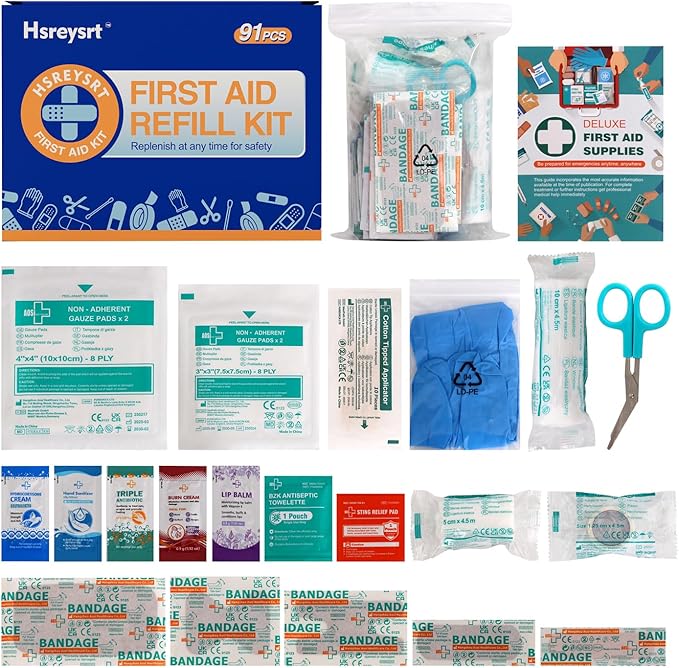 First Aid Refill Kit for Home, Car & Travel, Wound Care Supplies with Scissors, Tweezers, Assorted Bandages & Adhesive Bandages