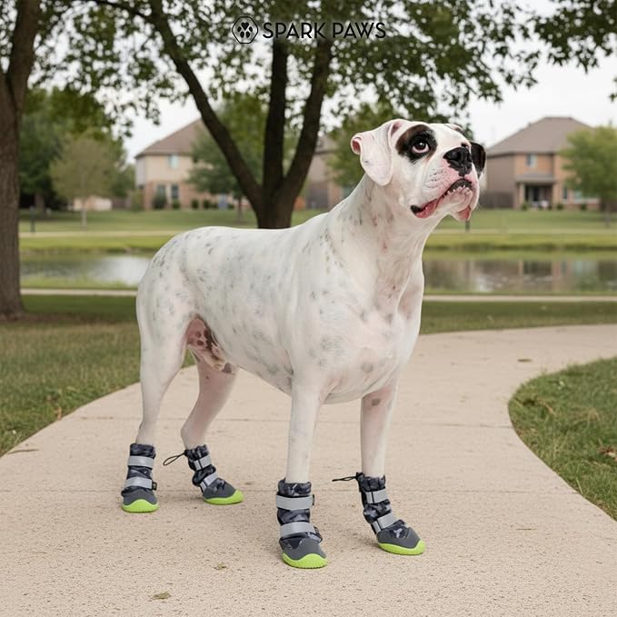 Spark Paws Dog Rainboots, Waterproof Dog Shoes for Medium to Large Dogs, Non Slip, Dog Booties and Paw Protectors - 4PCS Doggie Hiking Boots with Reflective Straps - Gray Camo, Size 5