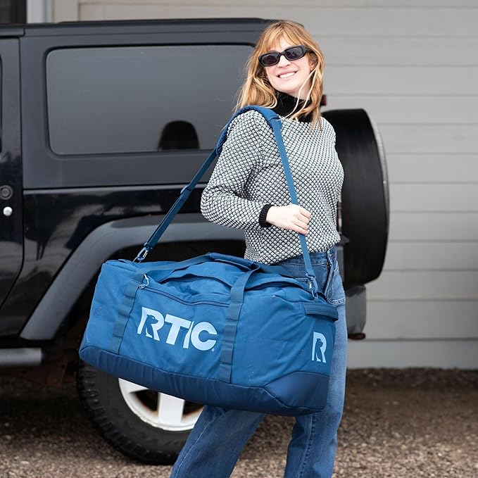 RTIC Road Trip Duffle Bag for Men and Women, Traveling Tote for Camp, Travel, Gym, Weekender, Camping, Overnight, Carry On, Sports, Spacious, Water Resistant, Large, Navy & Denim