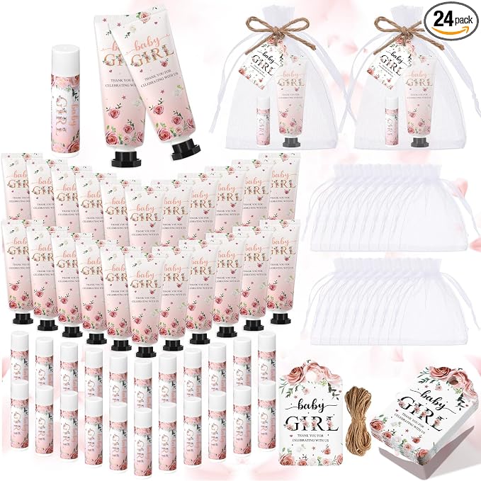 24sets/96pcs Baby Shower Gifts for Guests Hand Cream and Lip Balm Gifts Baby Shower Party Favors Travel Size Hand Lotion and Lip Balm Thank You Gift for Guests with Organza Bag and Tag Wedding Party