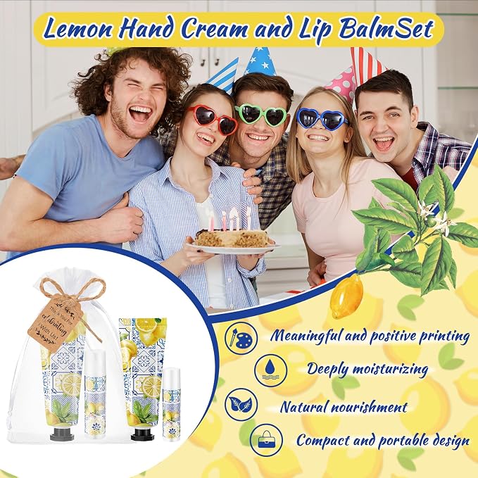48 Set Capri Lemon Party Favors Bulk Italian Lemon Hand Cream and Lip Balm Gifts for Bridal Baby Shower Party Travel Size Lemonade Hand Lotion Lip Balm Set with Bag Tag for Guest Gender Reveal