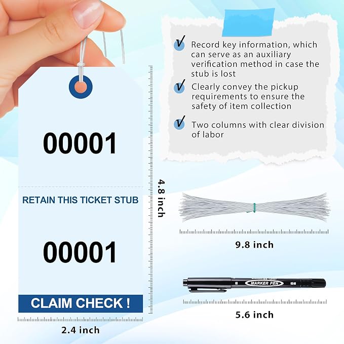 200 Pcs Duplicate Auto Park Tags (Numbered 1-200) 4.72" x 2.36" Inch Valet Parking Tickets with Strings Claim Check Tags with Marker for Valet Coat Check and Hotel Luggage Tags (200, Blue)