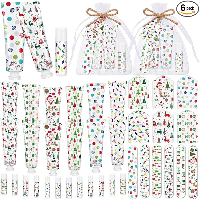 6 Sets/36 Pcs Christmas Party Favors Christmas Hand Cream Body Lotion Lip Balm Nail File Gifts Set Xmas Stocking Stuffers Travel Size Lotion Bulk Holiday Party Supplies for Coworkers Women Adults