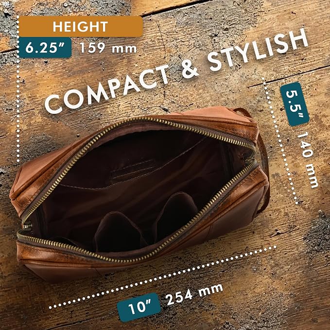 ELIZO Premium REAL Leather Toiletry Bag for Men Dopp Kitt Hanging Mens Toiletry Large TSA Toiletries Bag Shaving Grooming Bag Organizer