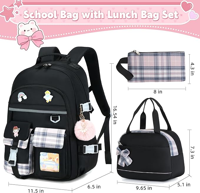 Backpack for Girls 15.6 Inch Laptop School Bag Kids Elementary College 3pcs Backpacks Lunch box Pencil Case Set Bookbags for Girls Teen Women Student Black