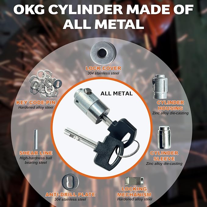 OKG Ultra Secure Stainless Steel Lock - Heavy Duty Solid Cast Padlock - 3 Keys, 2 Rods, 7/16" Shackle, Push Cylinder, Rust Proof Outdoor Lock - Combo Security Chain for 2-Wheeled Vehicle (No Chain)