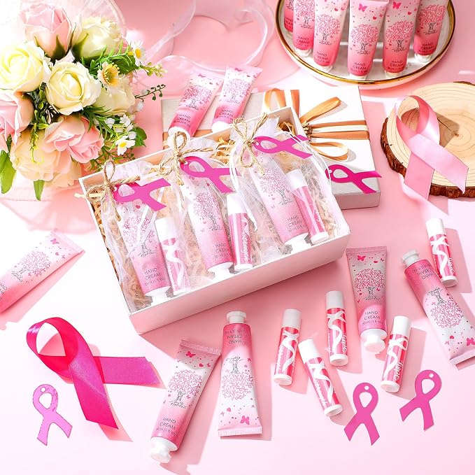 24sets/96pcs Breast Cancer Awareness Gifts Bulk Breast Cancer Lip Balm and Hand Cream Gift for Women Pink Ribbon Travel Size Hand Lotion and Lip Balm Bulk with Organza Bags Tags